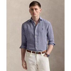 POLO RALPH LAUREN Blue Houndstooth Linen Classic Fit Button Down Shirt, Size XL